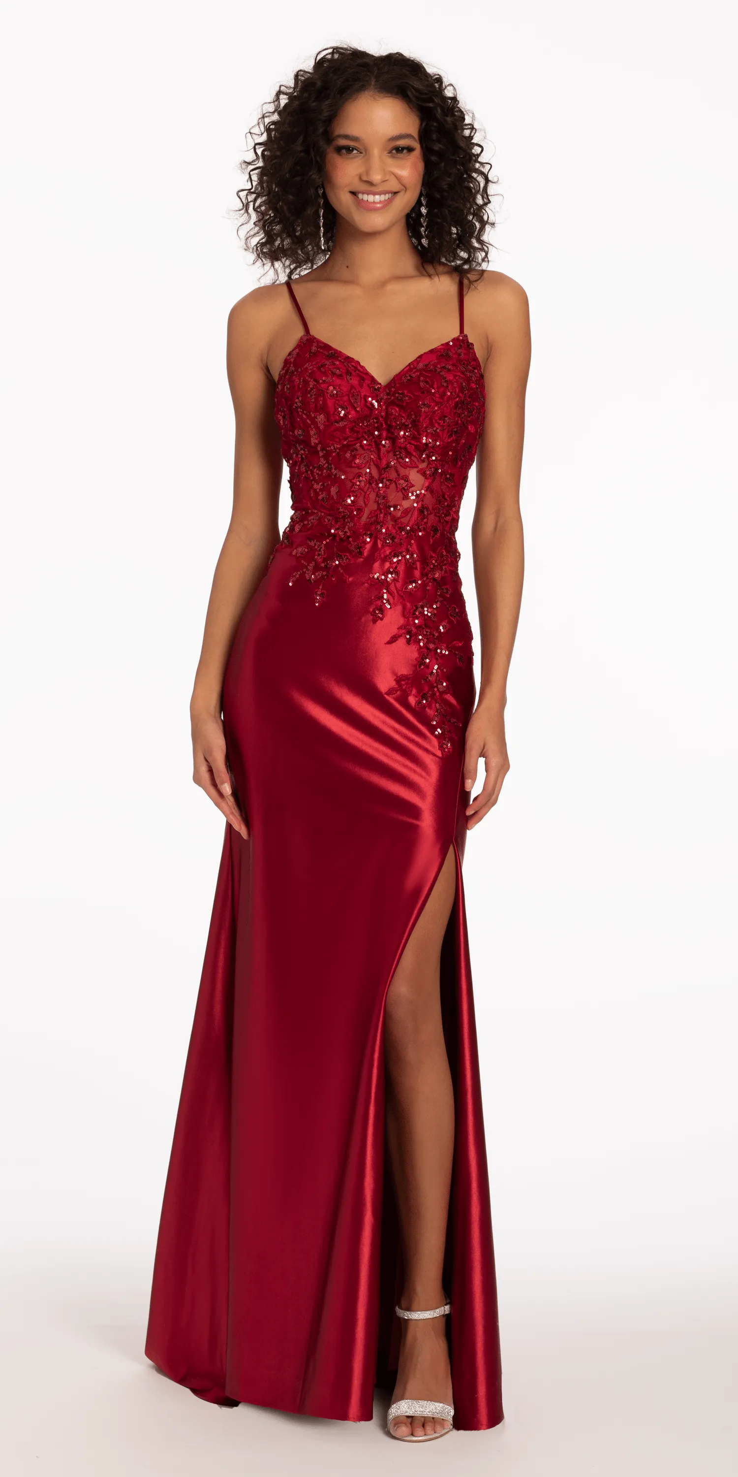 3 D Sequin Satin Sweetheart Corset Dress with Side Slit