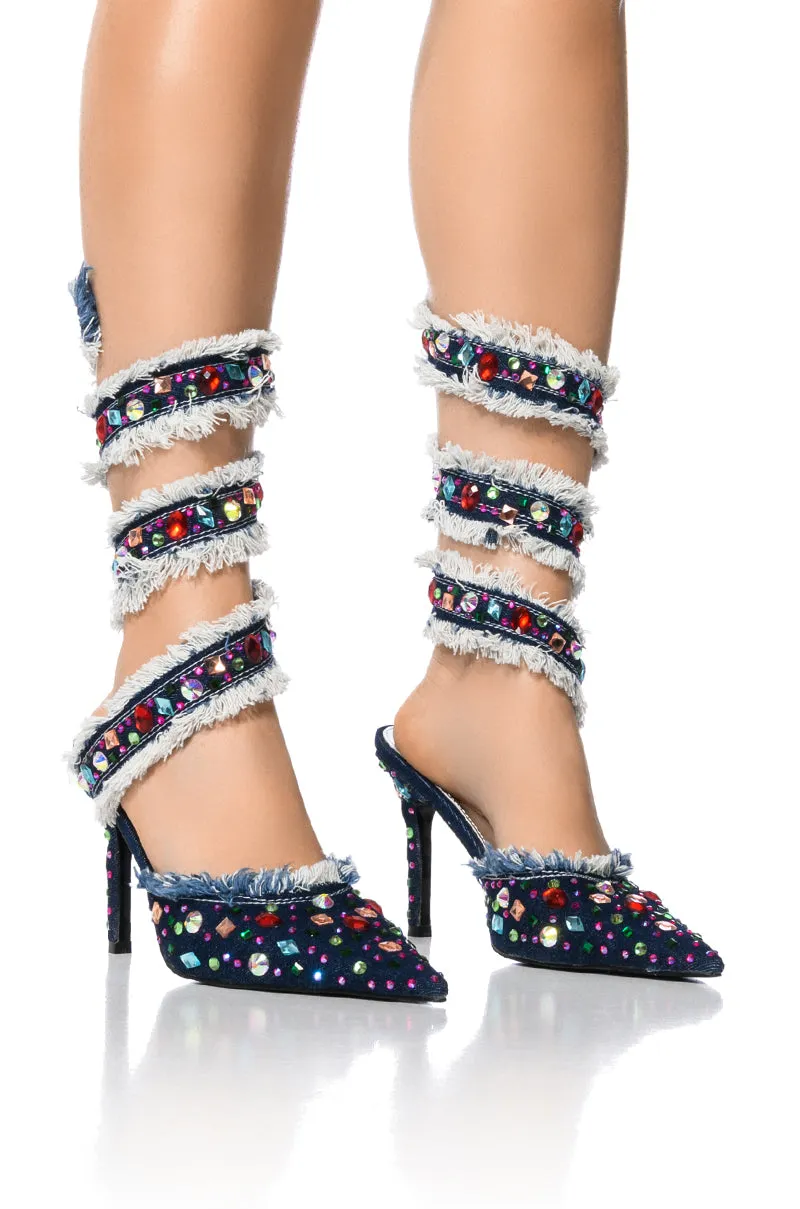 AZALEA WANG COURTNEY EMBELLISHED COIL WRAP STILETTO PUMP IN DENIM