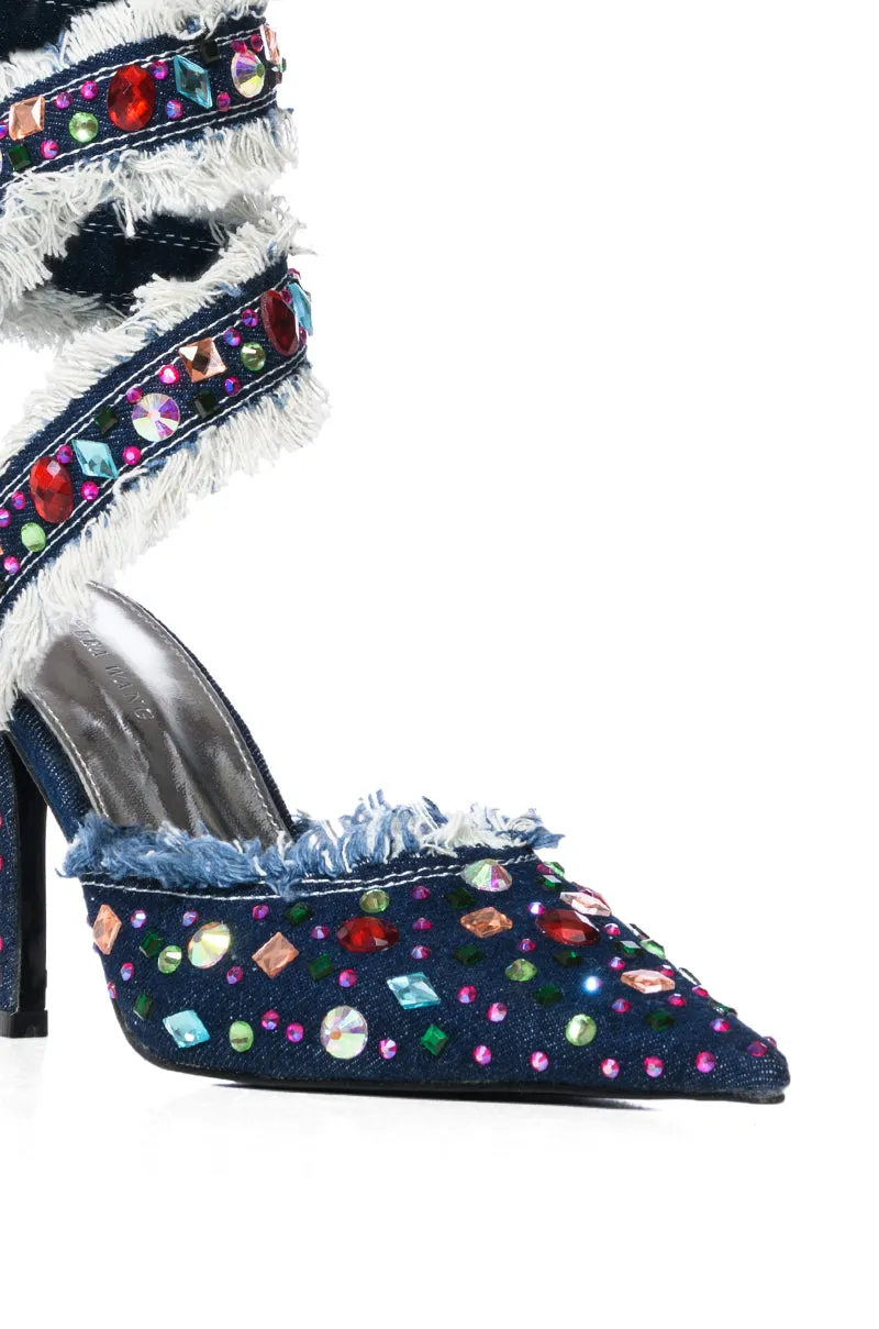 AZALEA WANG COURTNEY EMBELLISHED COIL WRAP STILETTO PUMP IN DENIM