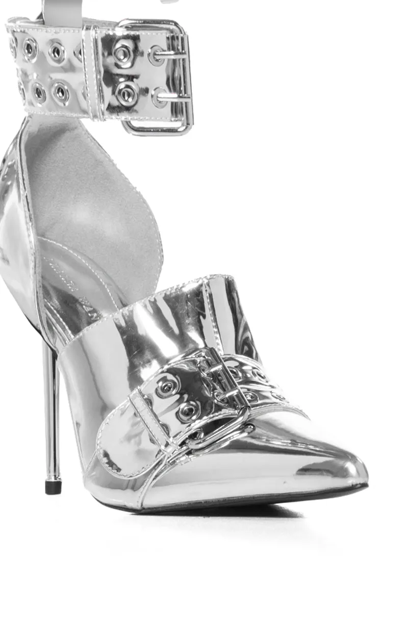 AZALEA WANG CYCLONE METALLIC DOUBLE BUCKLE STRAP PUMP IN SILVER