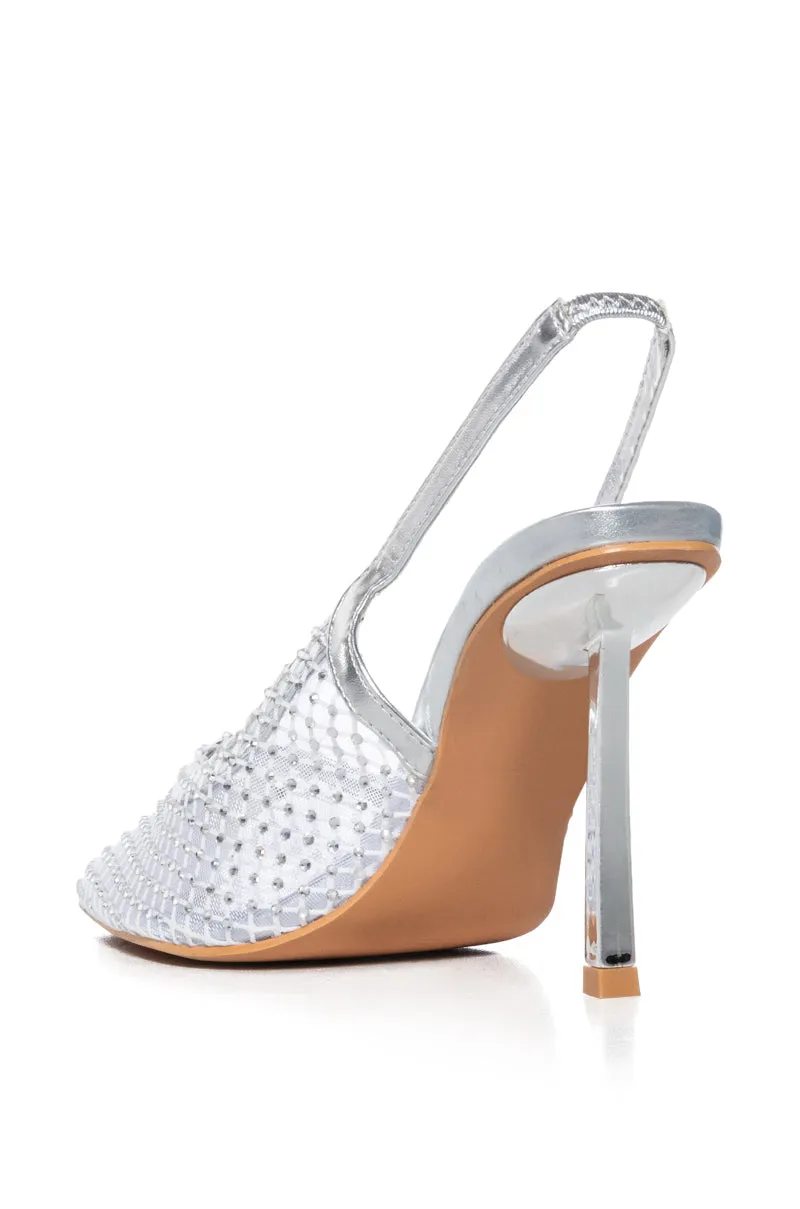 AZALEA WANG EXCITEMENT MESH AND RHINESTONE SILVER PUMP