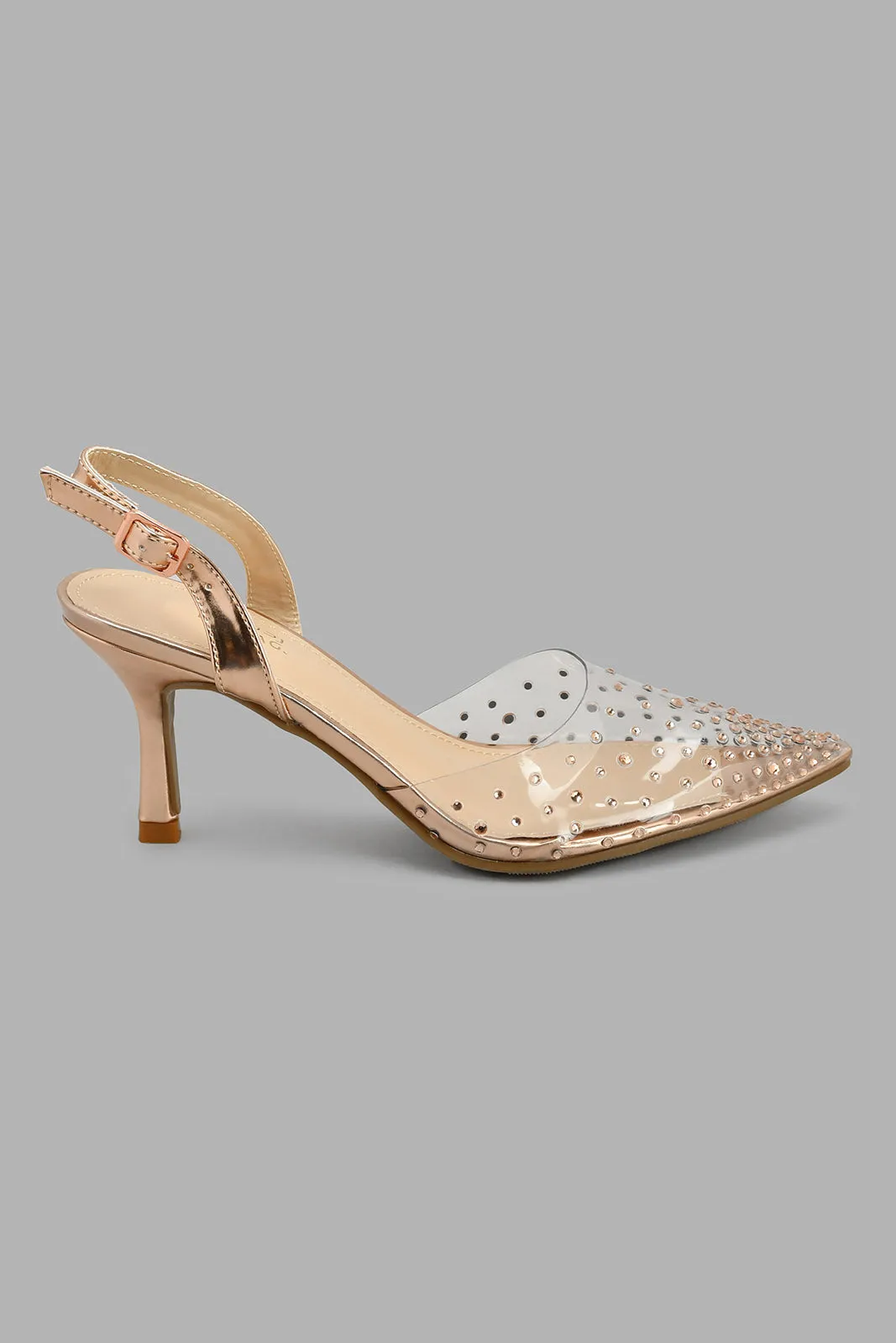 Beige Diamante Trim Vinyl Slingback