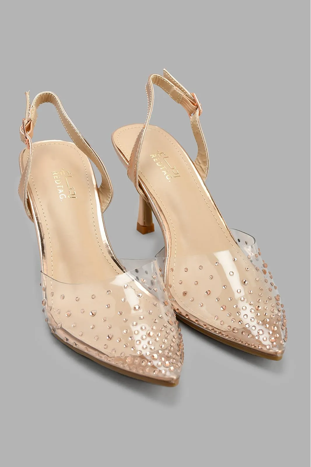 Beige Diamante Trim Vinyl Slingback