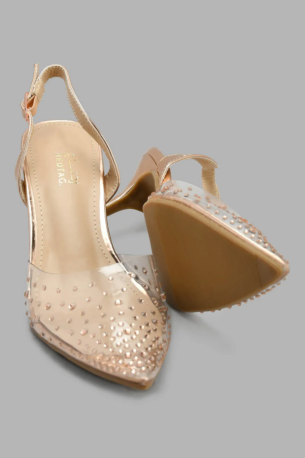 Beige Diamante Trim Vinyl Slingback