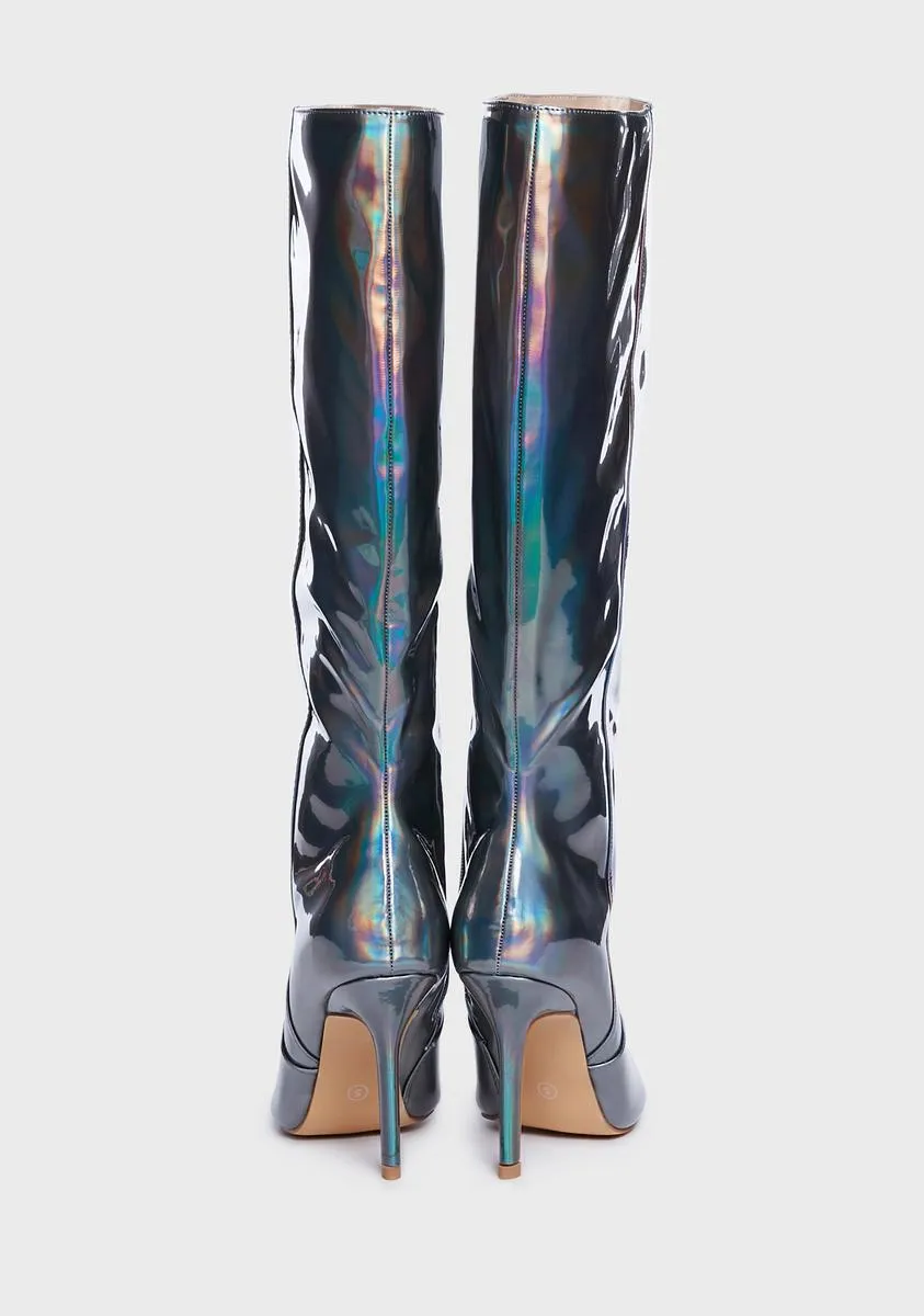 Best Believe Holographic Stiletto Knee High Boots