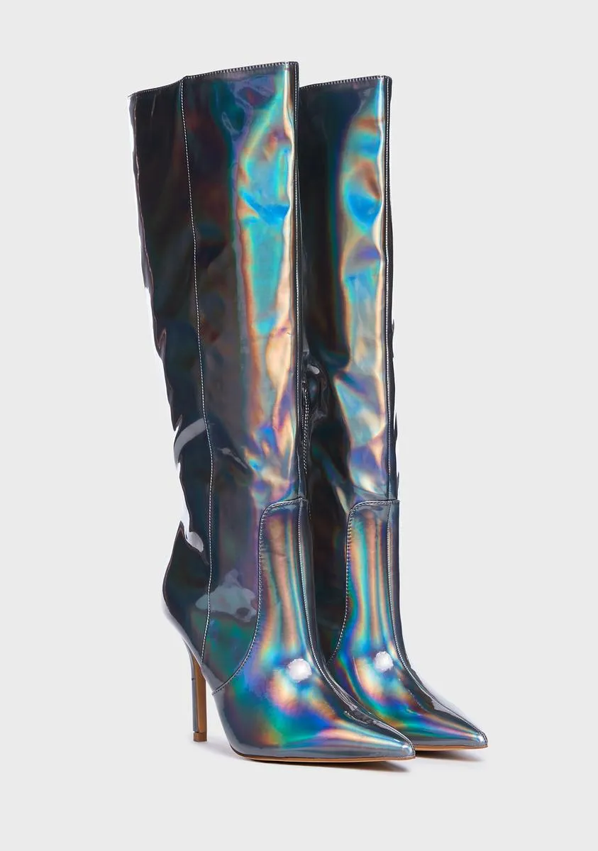 Best Believe Holographic Stiletto Knee High Boots