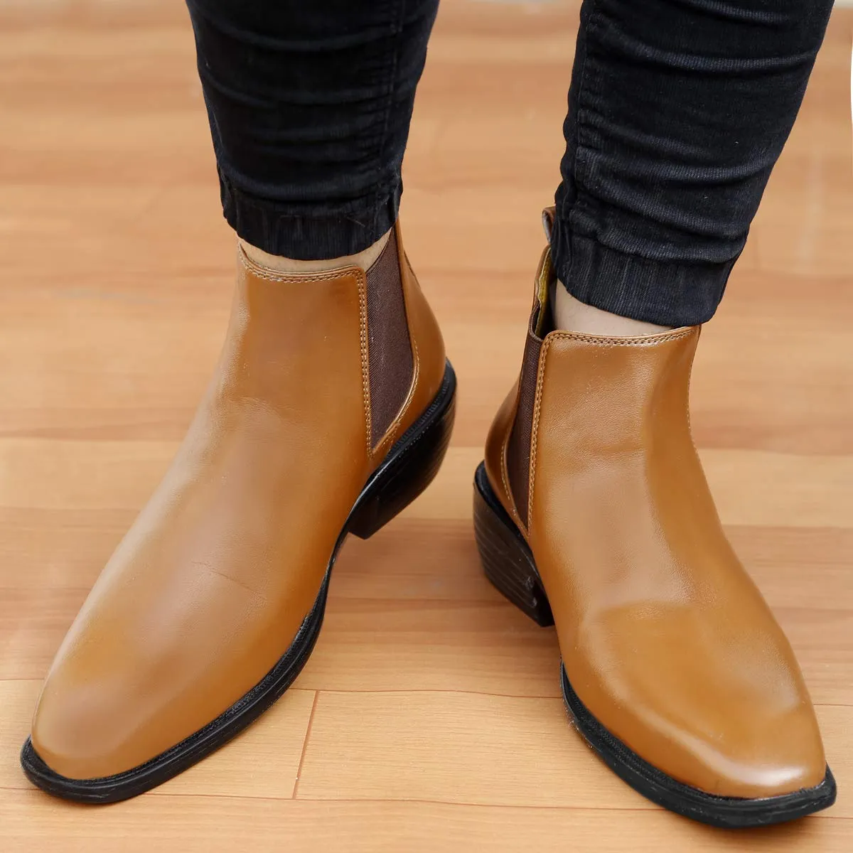 Classy Hight Ankle Height Increasing Tan Chelsea Boots For Men-JonasParamount