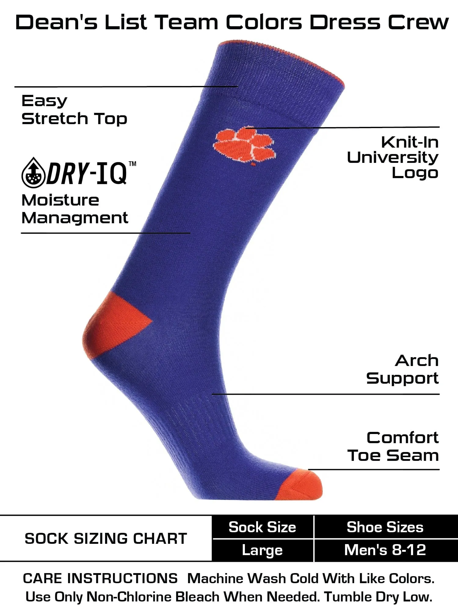 Clemson Tigers Dress Socks Dean's List Crew Length Socks