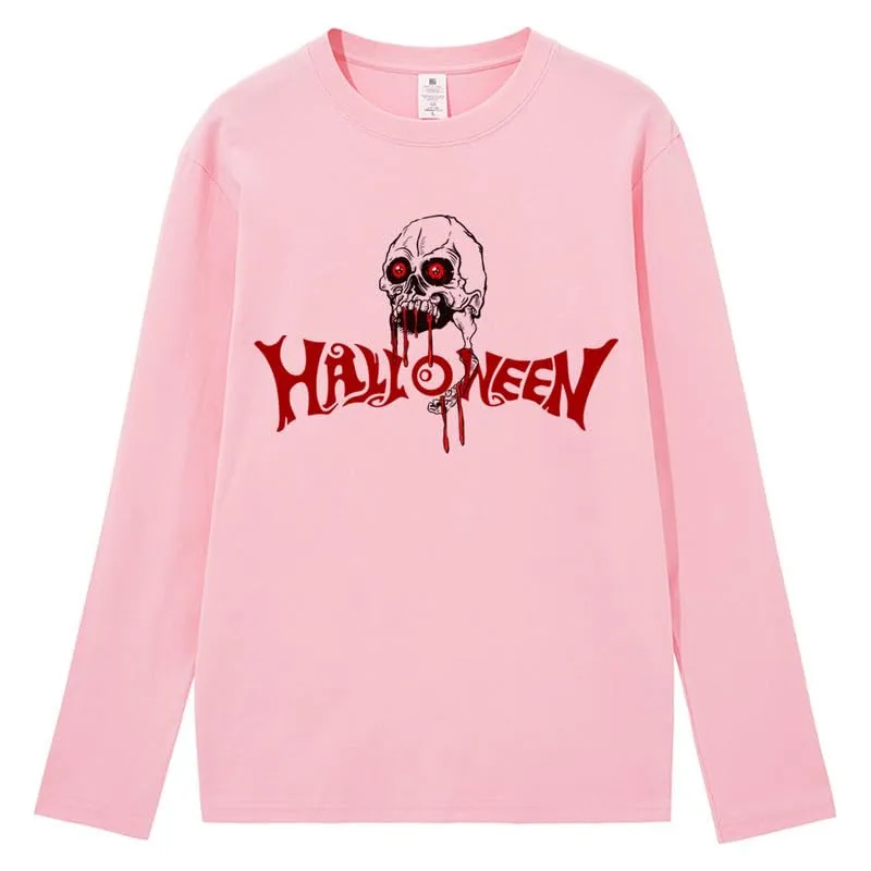 CORIRESHA Unisex Scary Skull Pattern Crewneck Long Sleeve Halloween Gothic T-Shirt