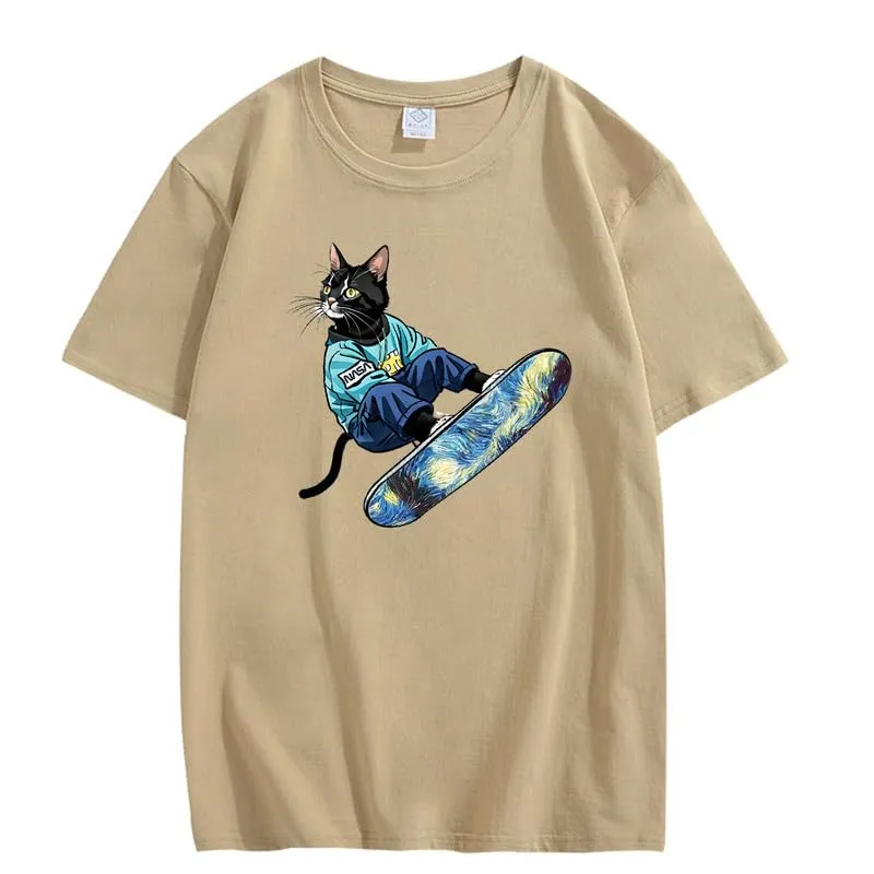 CORIRESHA Women's Cute Cat Skateboarding Crewneck Short Sleeve Loose Cotton Fashion T-Shirt