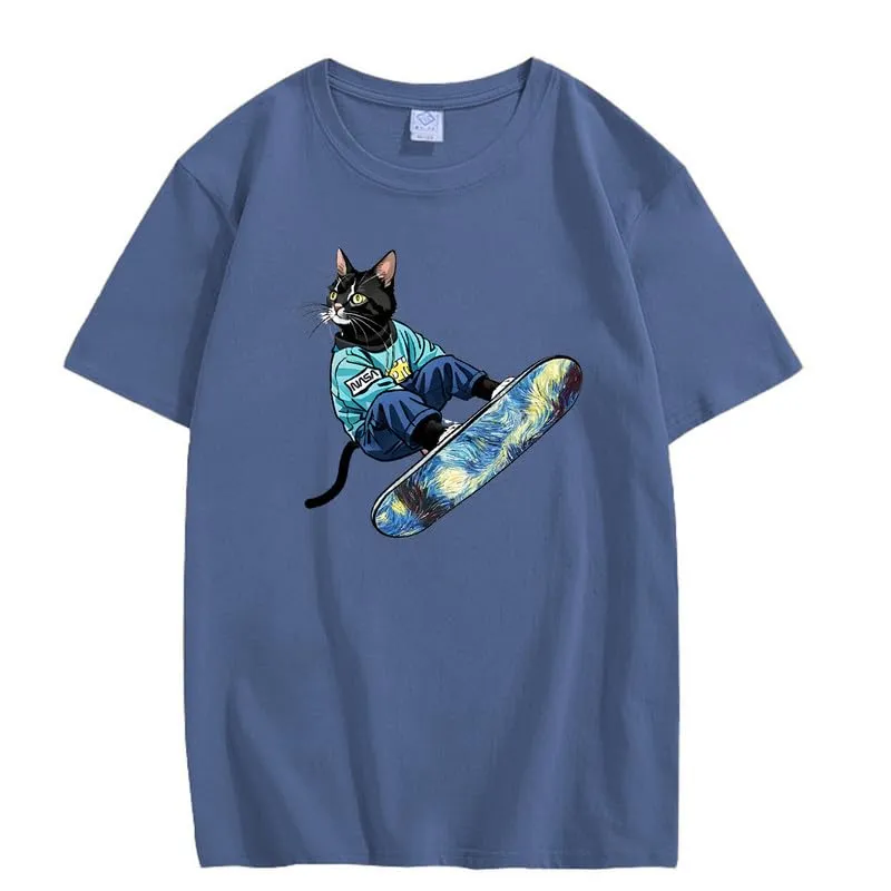 CORIRESHA Women's Cute Cat Skateboarding Crewneck Short Sleeve Loose Cotton Fashion T-Shirt