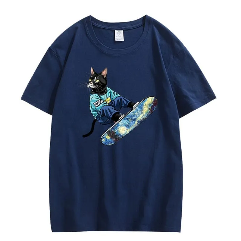 CORIRESHA Women's Cute Cat Skateboarding Crewneck Short Sleeve Loose Cotton Fashion T-Shirt