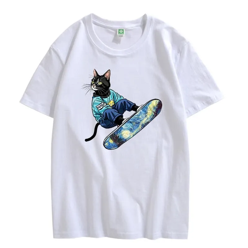 CORIRESHA Women's Cute Cat Skateboarding Crewneck Short Sleeve Loose Cotton Fashion T-Shirt