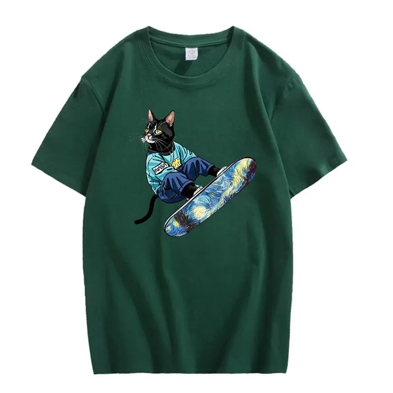 CORIRESHA Women's Cute Cat Skateboarding Crewneck Short Sleeve Loose Cotton Fashion T-Shirt