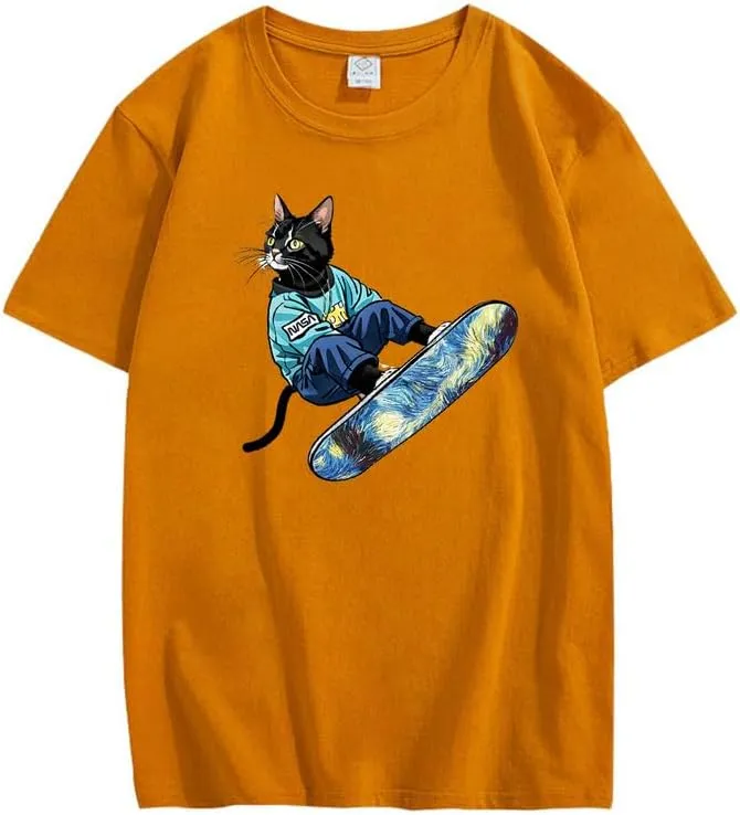 CORIRESHA Women's Cute Cat Skateboarding Crewneck Short Sleeve Loose Cotton Fashion T-Shirt