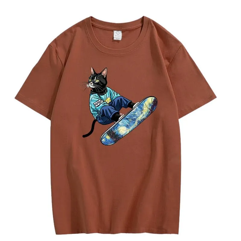 CORIRESHA Women's Cute Cat Skateboarding Crewneck Short Sleeve Loose Cotton Fashion T-Shirt