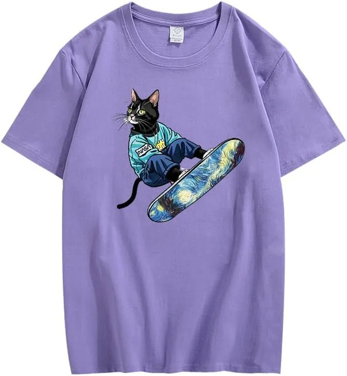 CORIRESHA Women's Cute Cat Skateboarding Crewneck Short Sleeve Loose Cotton Fashion T-Shirt