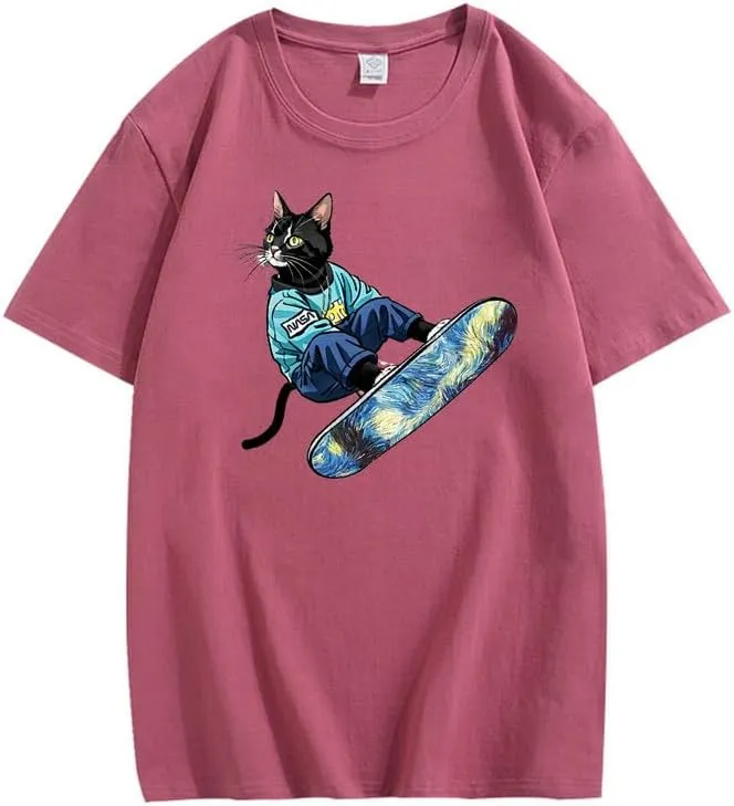 CORIRESHA Women's Cute Cat Skateboarding Crewneck Short Sleeve Loose Cotton Fashion T-Shirt