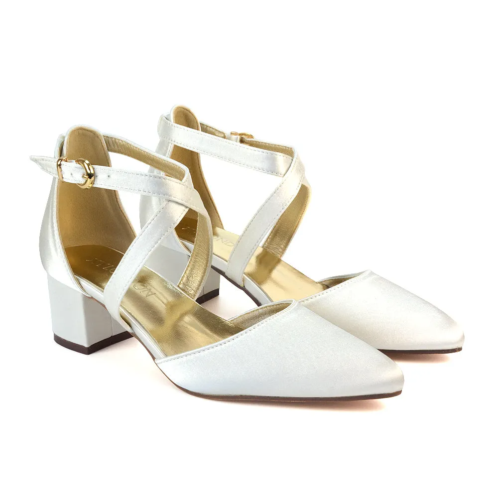 Cynthia Pointed Toe Ankle Strap Mid Block Heels Court Shoes in White Synthetic Leather