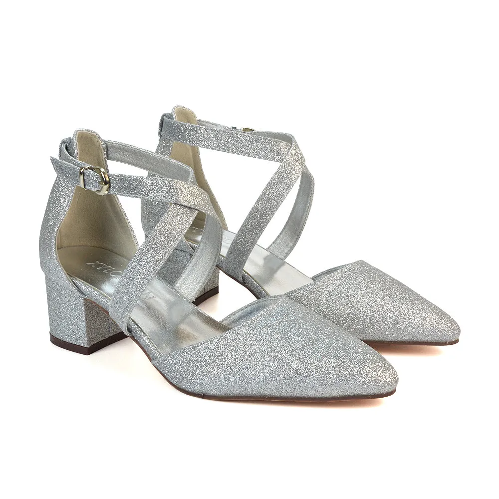 Cynthia Pointed Toe Ankle Strap Mid Block Heels Court Shoes in White Synthetic Leather