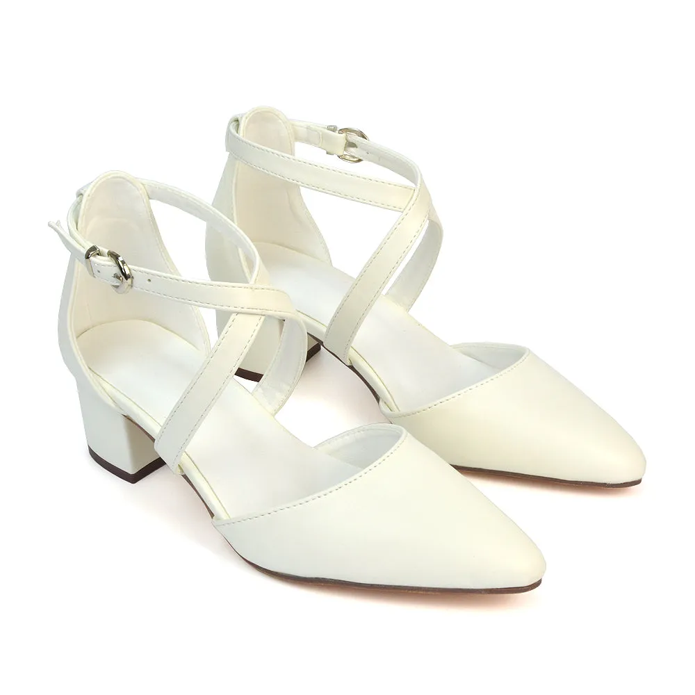 Cynthia Pointed Toe Ankle Strap Mid Block Heels Court Shoes in White Synthetic Leather