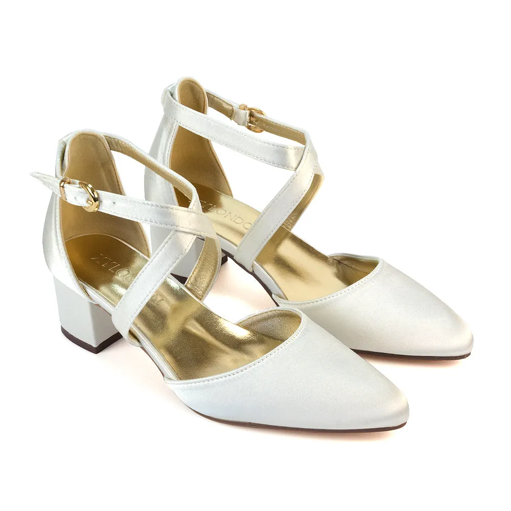 Cynthia Pointed Toe Ankle Strap Mid Block Heels Court Shoes in White Synthetic Leather