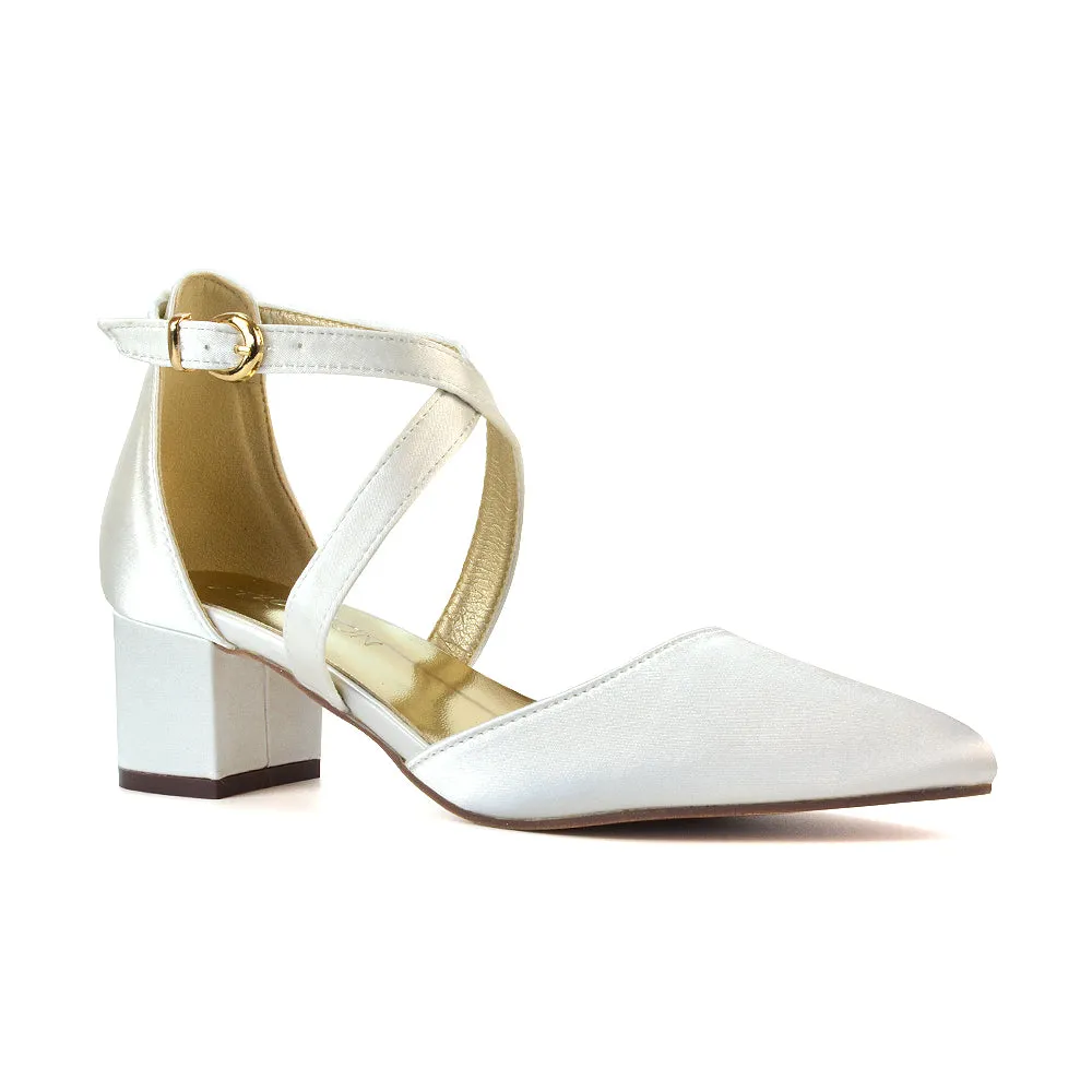 Cynthia Pointed Toe Ankle Strap Mid Block Heels Court Shoes in White Synthetic Leather