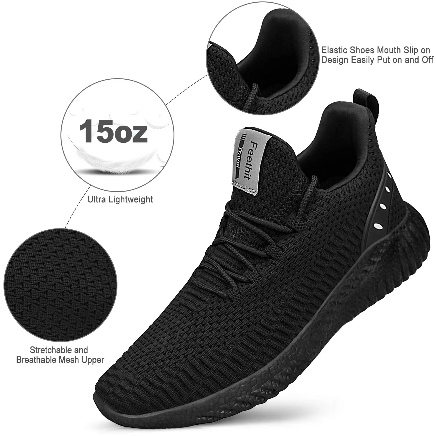 FEETHIT Mens Breathable Mesh Walking Sneaker Black