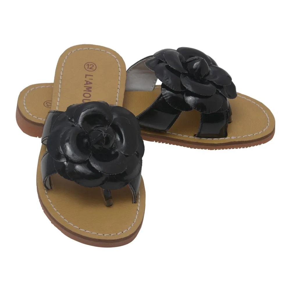 Girls Black Flower Accent Thong Trendy Sandals 7 Toddler-4 Kids