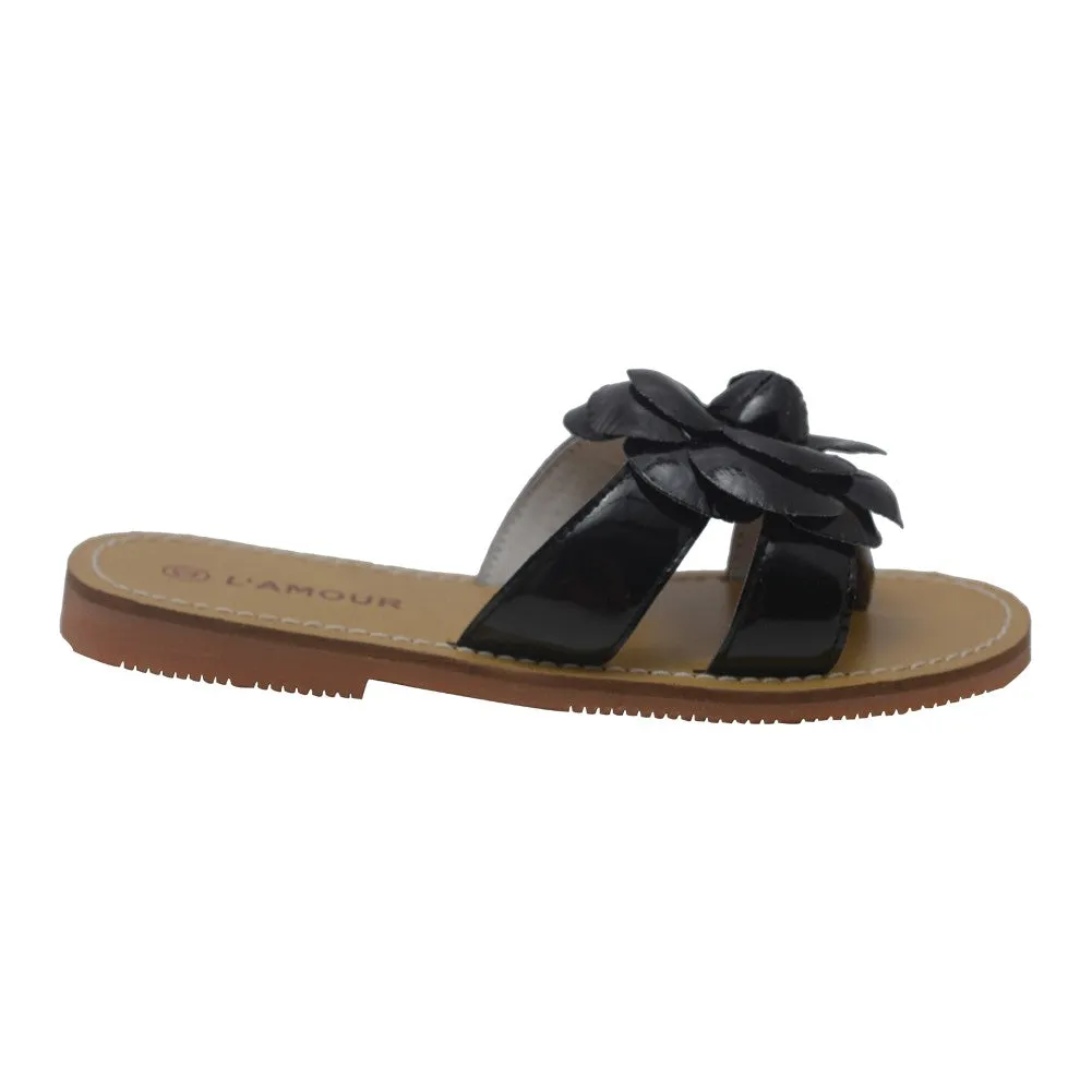 Girls Black Flower Accent Thong Trendy Sandals 7 Toddler-4 Kids