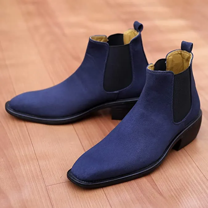 Height Increasing Suede Material Blue Casual Chelsea Boots For Men-JonasParamount