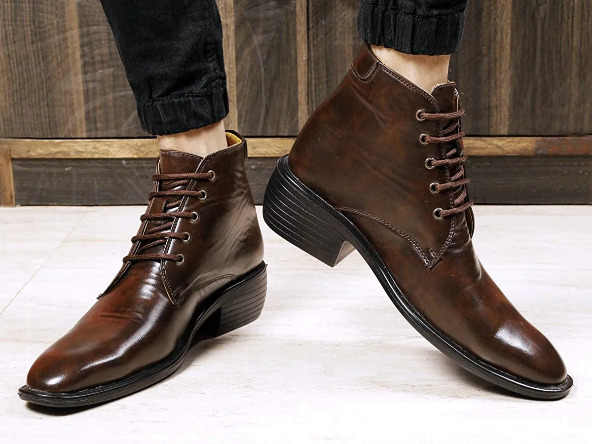 High Ankle Height Increasing Brown Casual And Outdoor Boots With Lace-Up Pattern-Jonasparamount