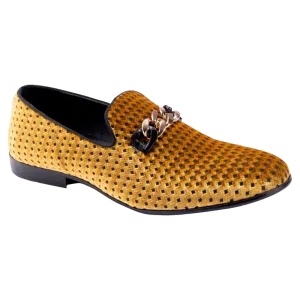 Montique Men's Gold Velvet Material Slip-on Shoe Gold Chain Fashion Design