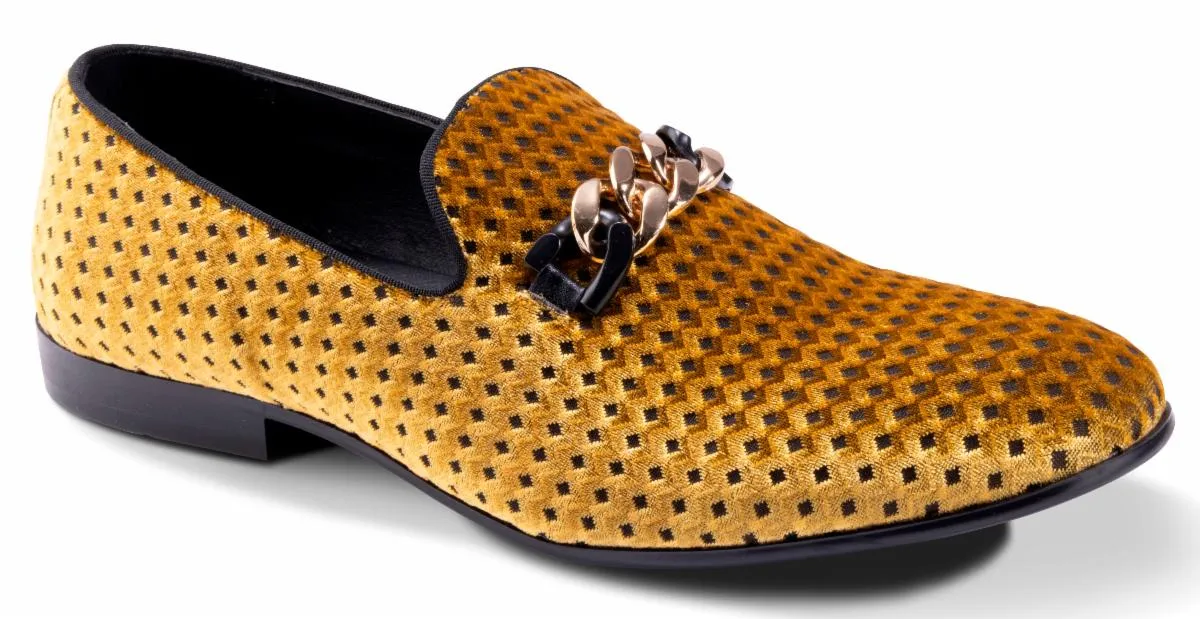 Montique Men's Gold Velvet Material Slip-on Shoe Gold Chain Fashion Design