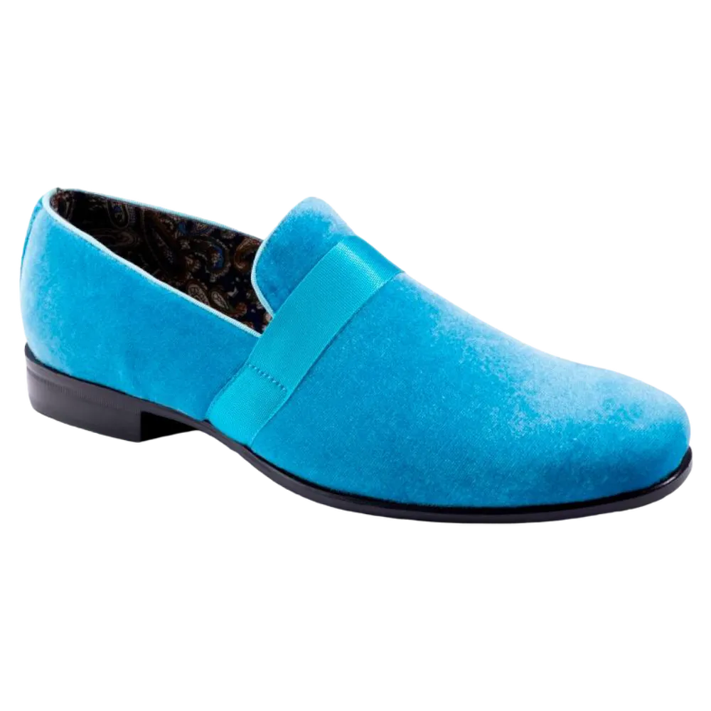 Montique Teal Aqua Velvet Men's Shoe Slip-on with a Satin Ribbon Tuxedo Loafers