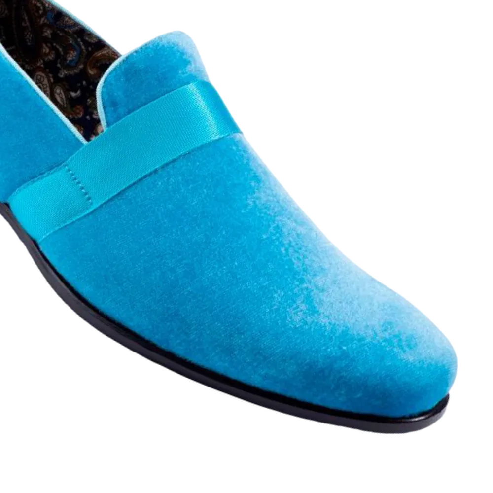 Montique Teal Aqua Velvet Men's Shoe Slip-on with a Satin Ribbon Tuxedo Loafers