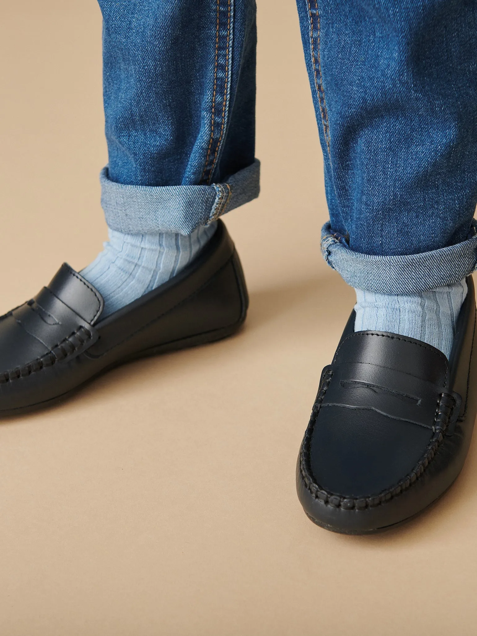 Navy Leather Boy Loafer Shoes