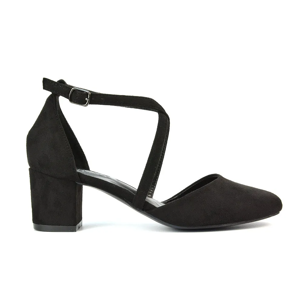 Riana Closed Toe Mid Block Heel Sandal Court Shoes in Black Faux Suede