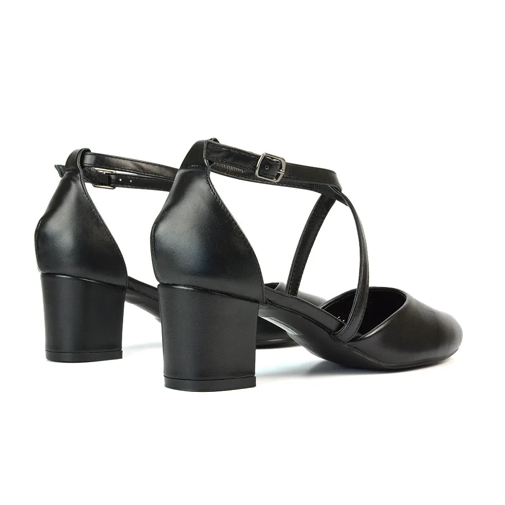 Riana Closed Toe Mid Block Heel Sandal Court Shoes in Black Faux Suede