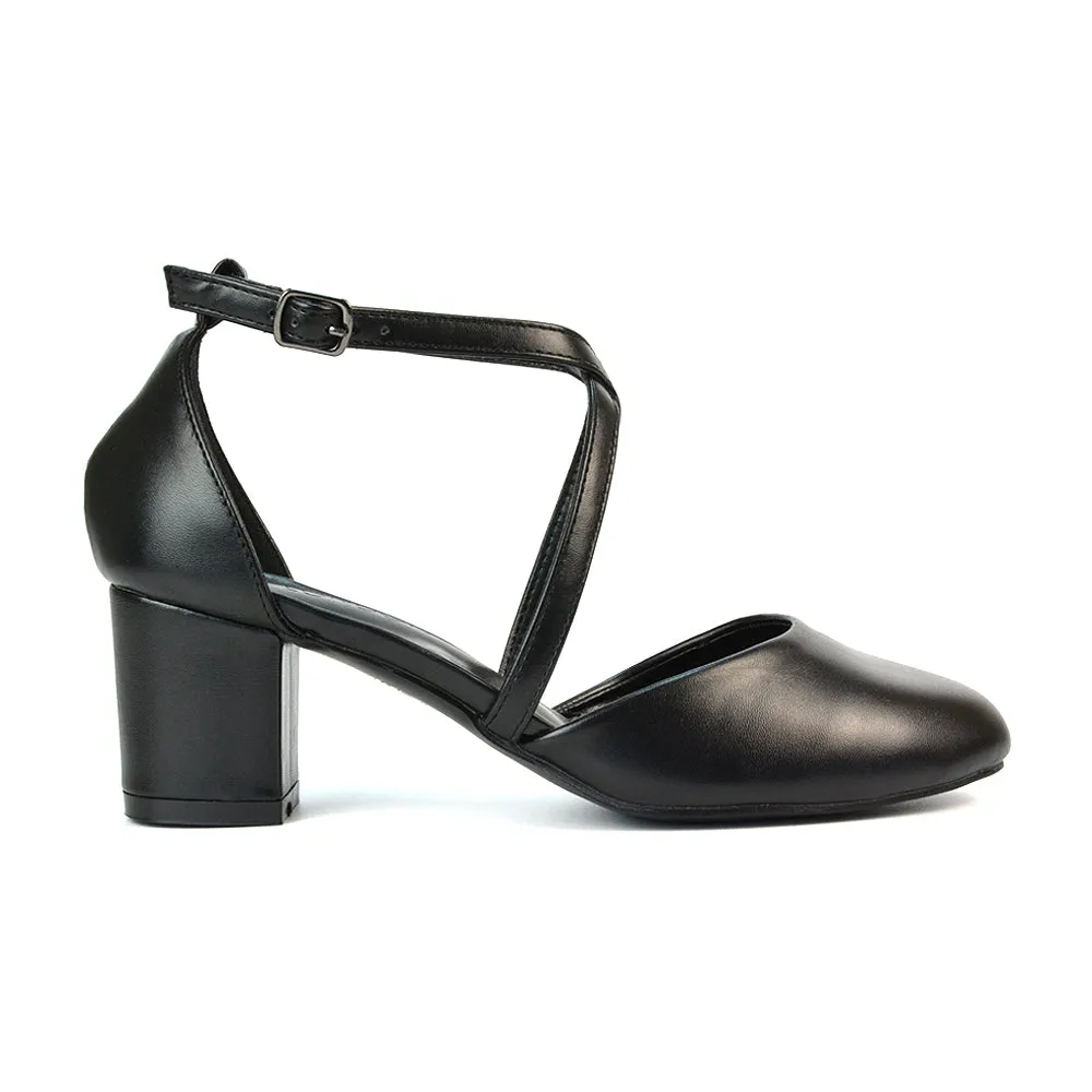 Riana Closed Toe Mid Block Heel Sandal Court Shoes in Black Faux Suede