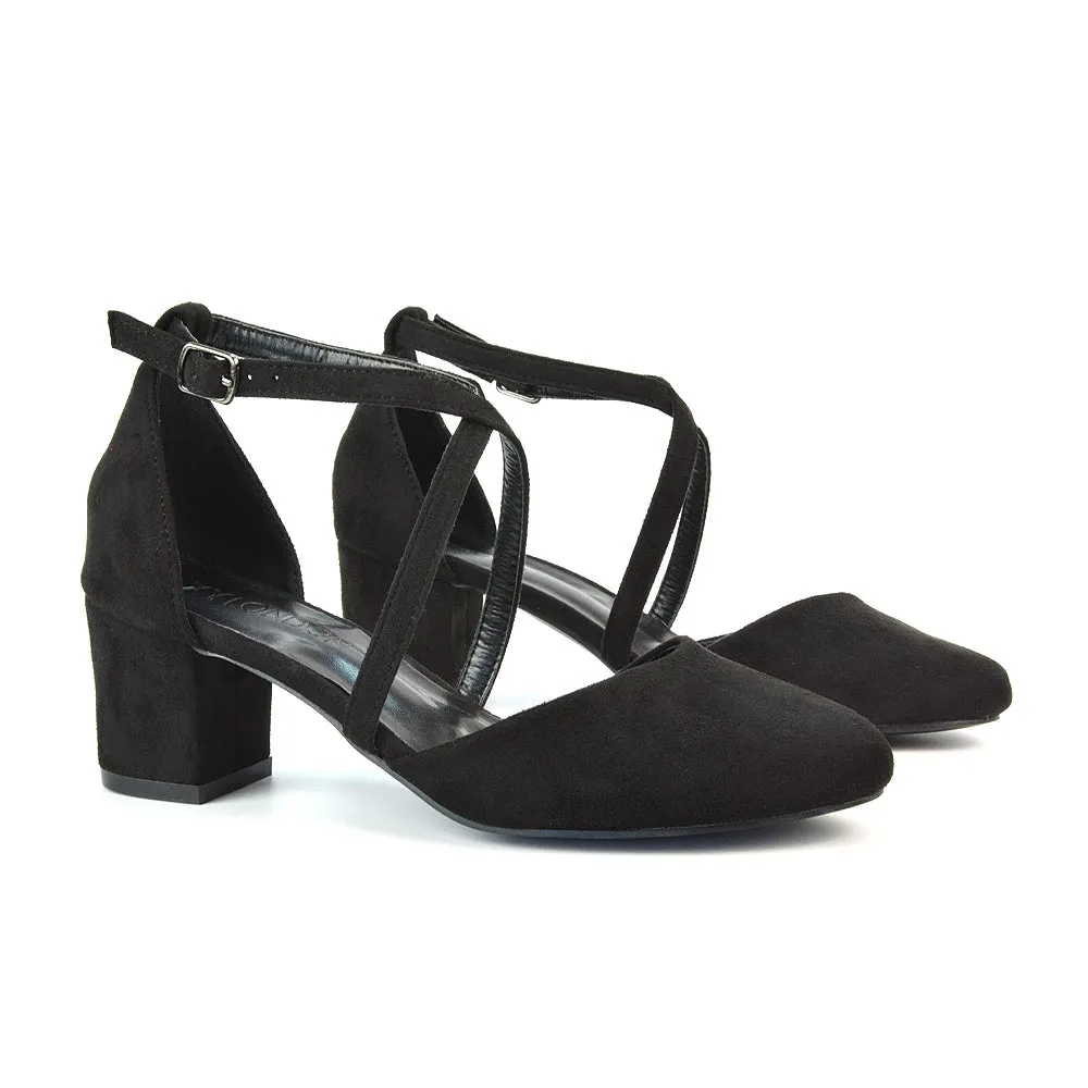 Riana Closed Toe Mid Block Heel Sandal Court Shoes in Black Faux Suede