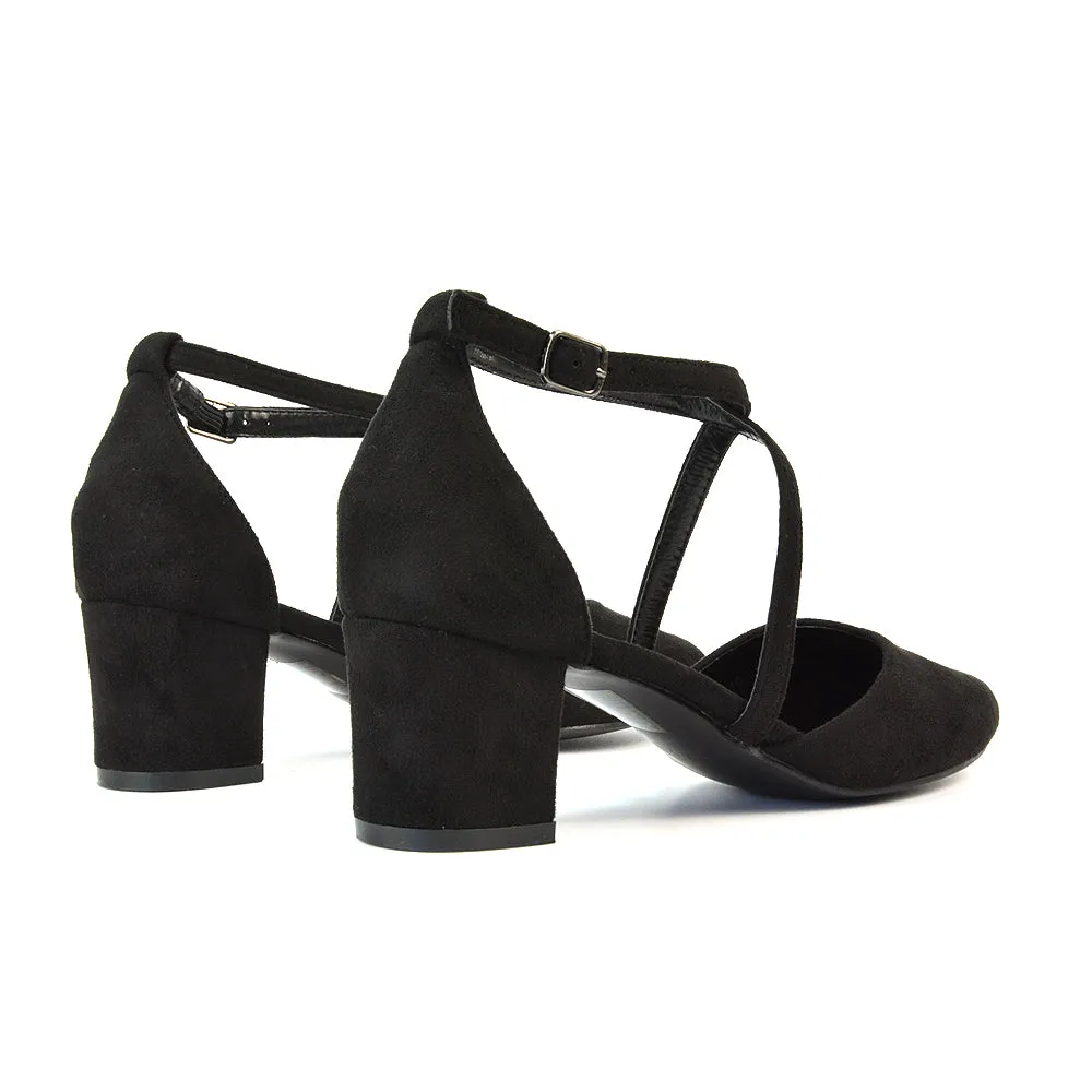 Riana Closed Toe Mid Block Heel Sandal Court Shoes in Black Faux Suede