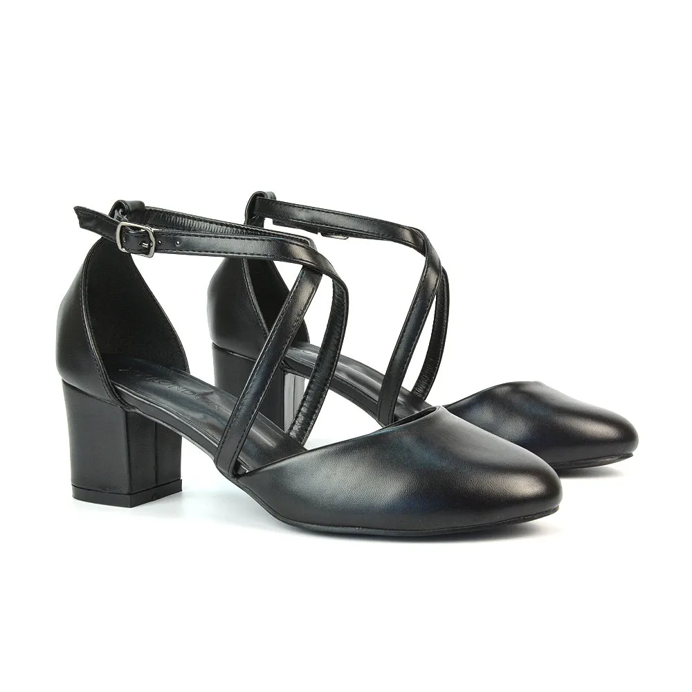 Riana Closed Toe Mid Block Heel Sandal Court Shoes in Black Faux Suede