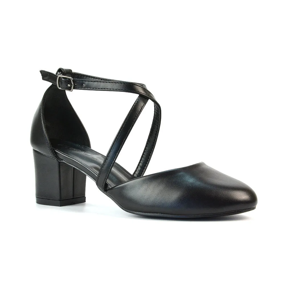 Riana Closed Toe Mid Block Heel Sandal Court Shoes in Black Faux Suede