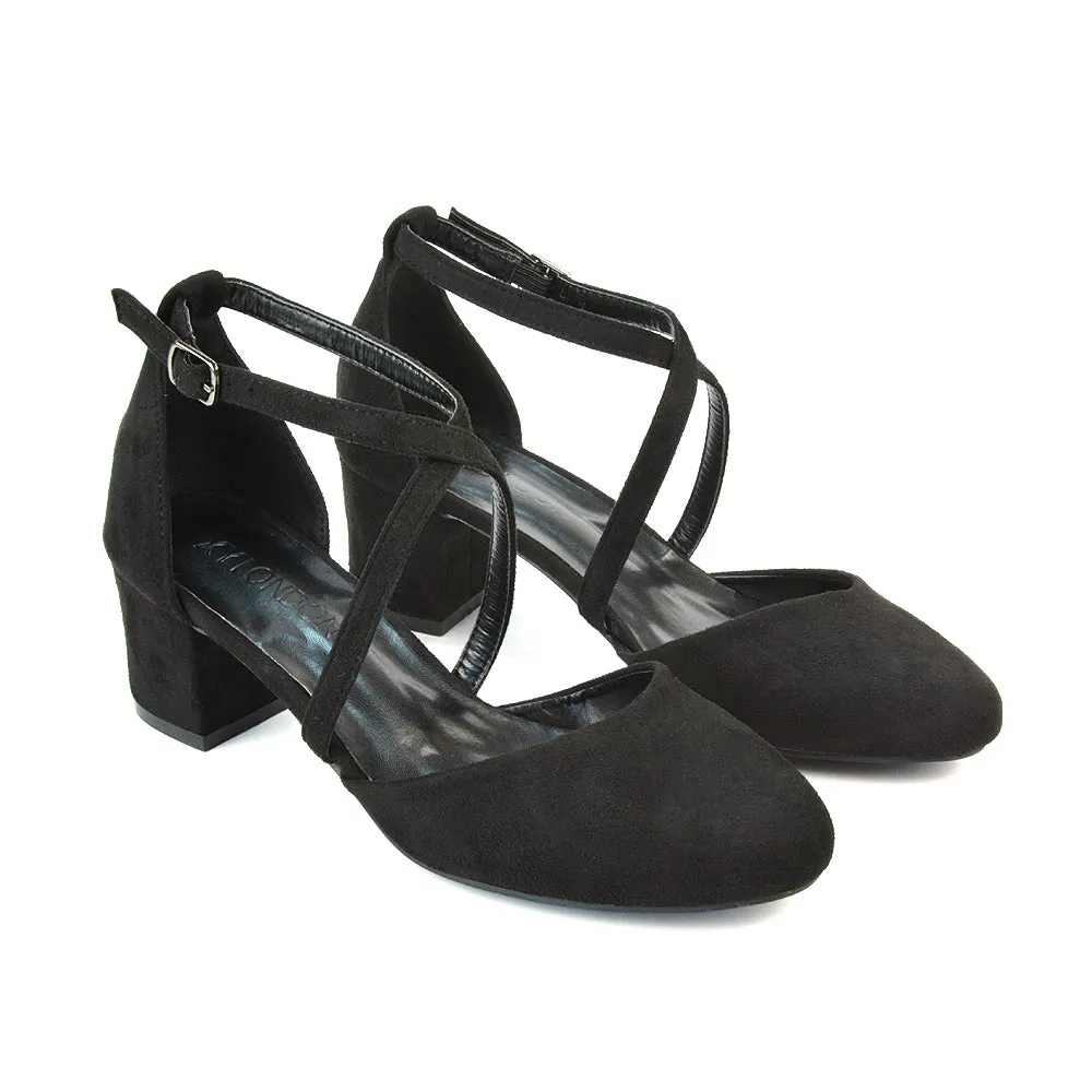 Riana Closed Toe Mid Block Heel Sandal Court Shoes in Black Faux Suede