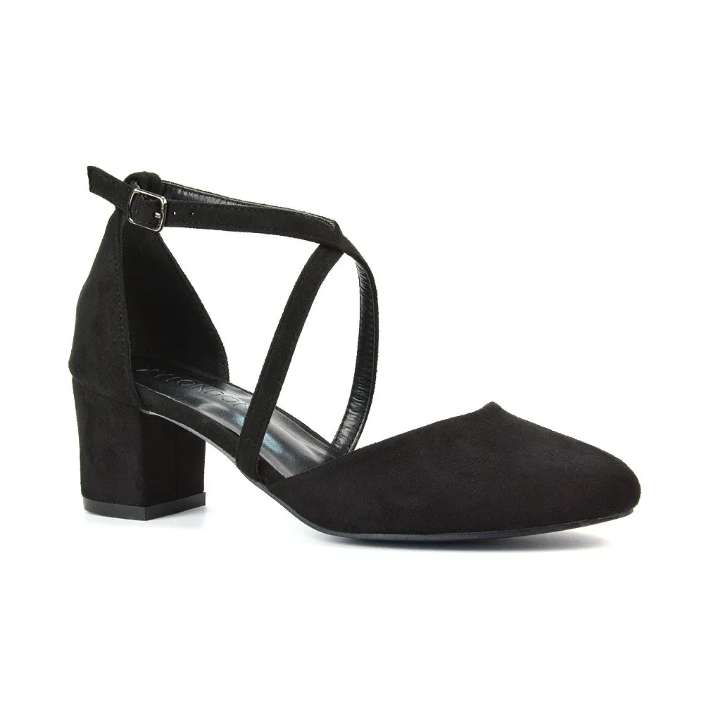 Riana Closed Toe Mid Block Heel Sandal Court Shoes in Black Faux Suede