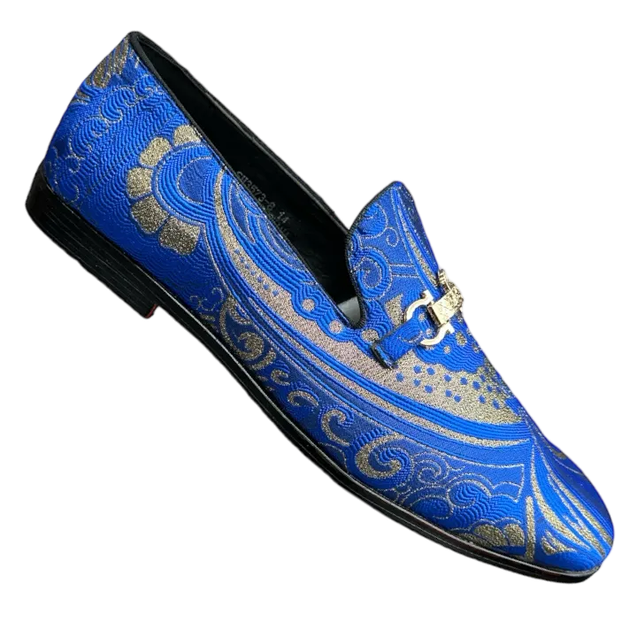 Royal and Gold Paisley Men's Slip-On Shoes Fashion Design Gold Buckle SH3573-8