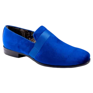 Royal Blue Velvet Men's Shoe Slip-on with a satin ribbon Loafer