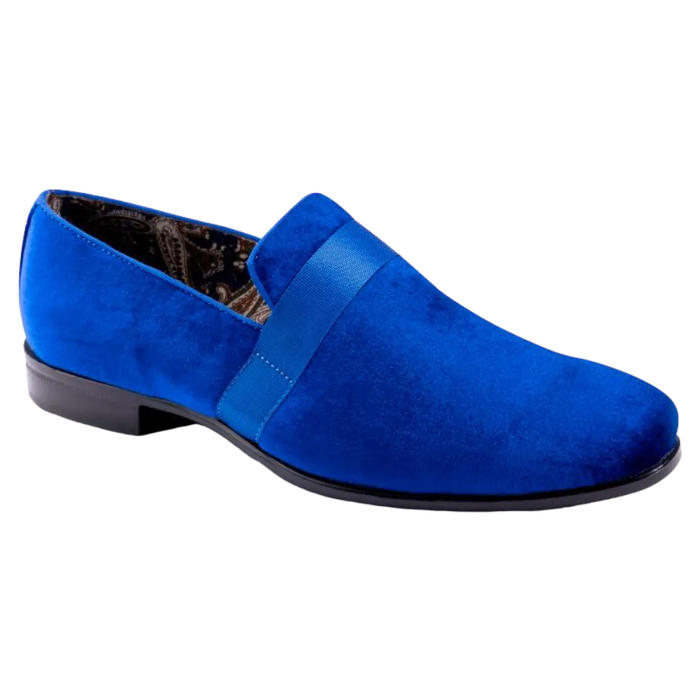 Royal Blue Velvet Men's Shoe Slip-on with a satin ribbon Loafer