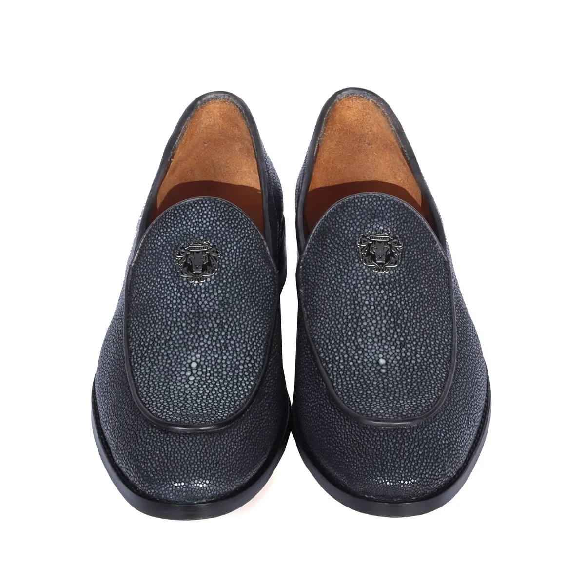 Sleek Round Toe Penny Loafer in Premium Stingray Fish Grey Leather Slip-On